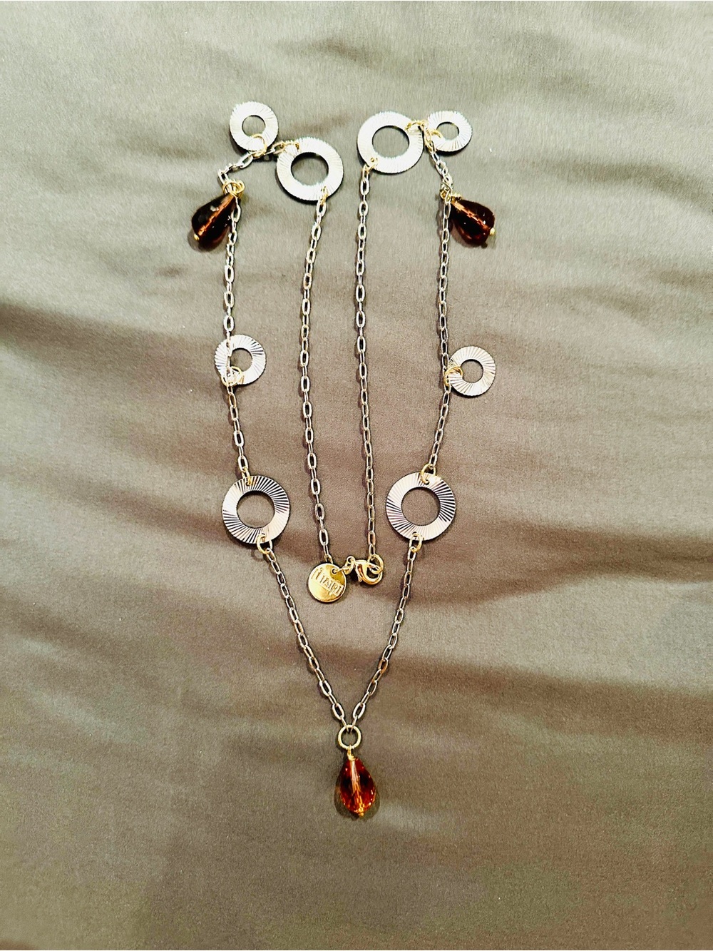 1AR Unoaerre Silver/Gold Tone Necklace with Amber Teardrop Accents-Made in Italy